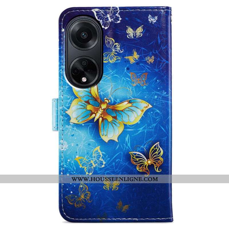 Housse Oppo A98 5G Papillons Dorés à Lanière