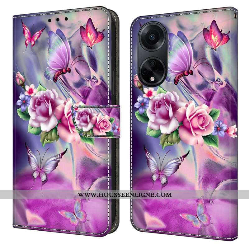 Housse Oppo A98 5G Papillons et Fleurs Violettes