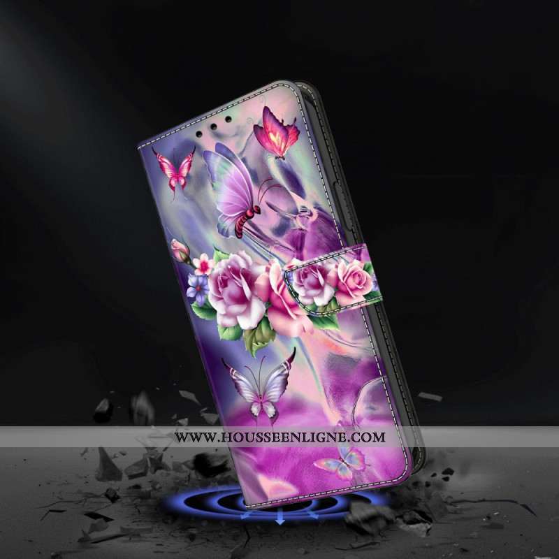 Housse Oppo A98 5G Papillons et Fleurs Violettes