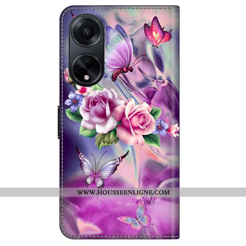 Housse Oppo A98 5G Papillons et Fleurs Violettes