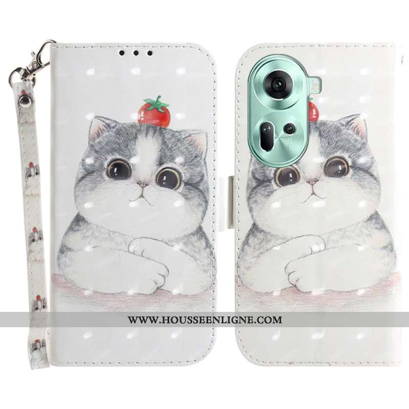 Housse Oppo Reno 11 5G Chat et Fraise à Lanière