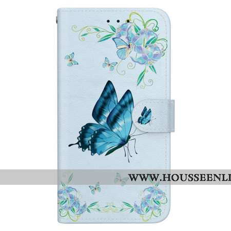 Housse Oppo Reno 11 5G Papillon Bleu et Fleurs à Lanière