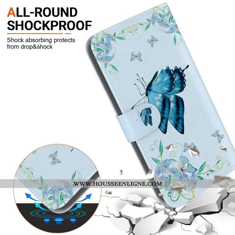 Housse Oppo Reno 11 5G Papillon Bleu et Fleurs à Lanière