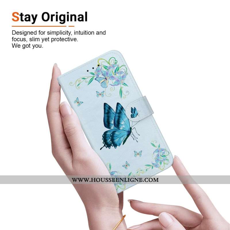 Housse Oppo Reno 11 5G Papillon Bleu et Fleurs à Lanière