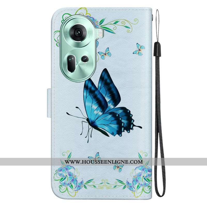 Housse Oppo Reno 11 5G Papillon Bleu et Fleurs à Lanière