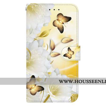 Housse Oppo Reno 11 5G Papillons Dorés et Fleurs à Lanière