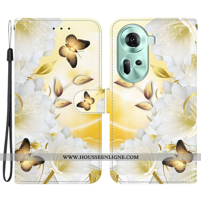 Housse Oppo Reno 11 5G Papillons Dorés et Fleurs à Lanière