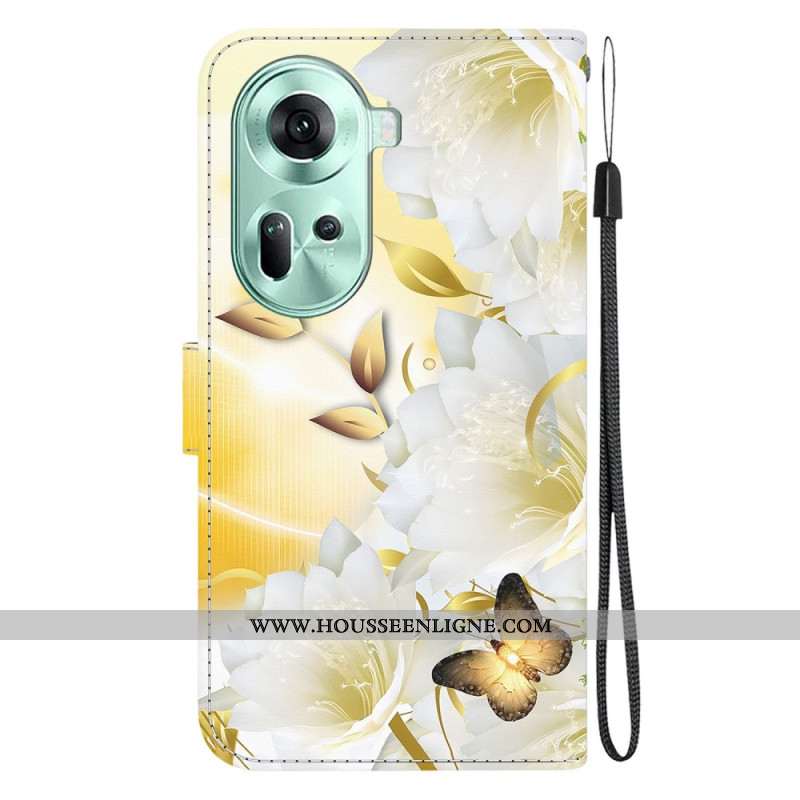 Housse Oppo Reno 11 5G Papillons Dorés et Fleurs à Lanière