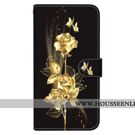 Housse Oppo Reno 11 5G Papillons Dorés et Roses à Lanière