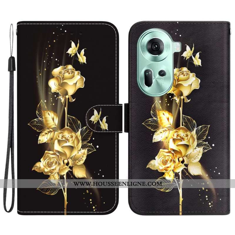 Housse Oppo Reno 11 5G Papillons Dorés et Roses à Lanière