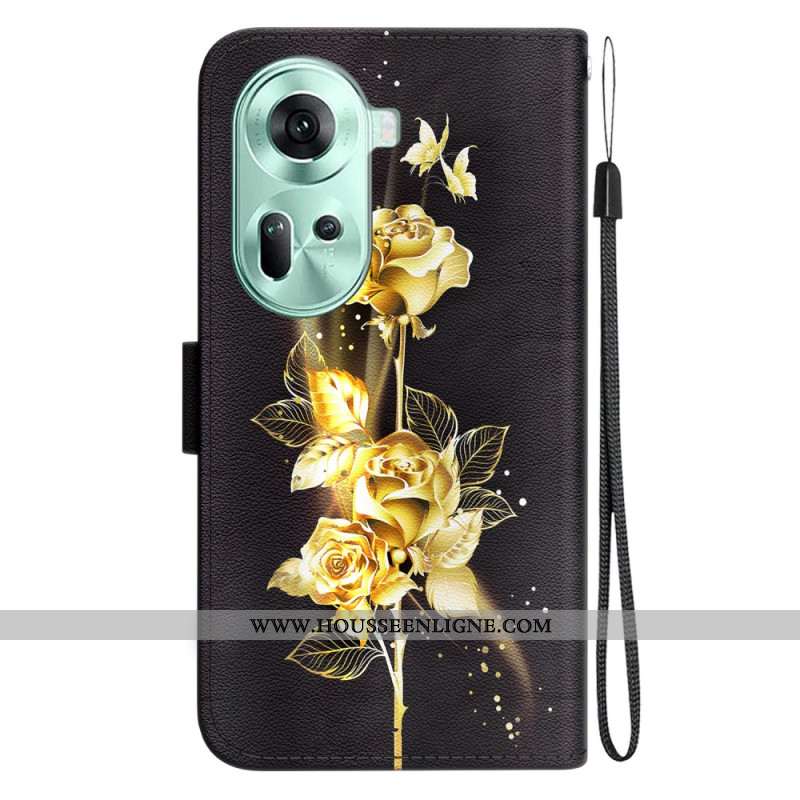 Housse Oppo Reno 11 5G Papillons Dorés et Roses à Lanière