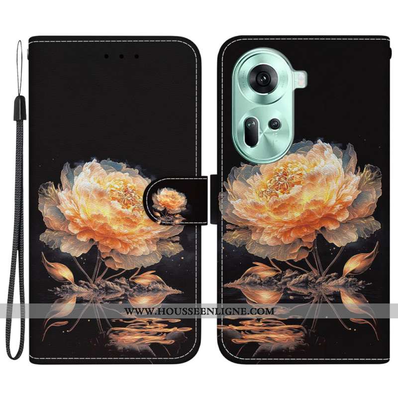 Housse Oppo Reno 11 5G Pivoine Dorée à Lanière