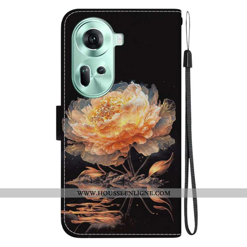 Housse Oppo Reno 11 5G Pivoine Dorée à Lanière