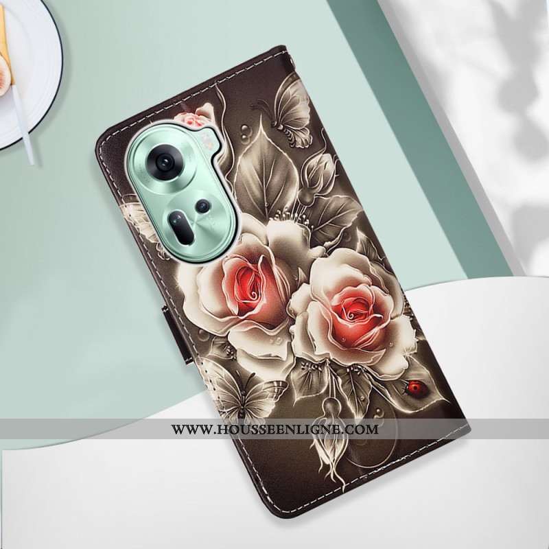 Housse Oppo Reno 11 5G Roses à Lanière