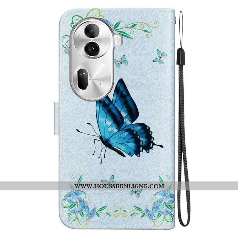 Housse Oppo Reno 11 Pro 5G Papillon Bleu et Fleurs à Lanière