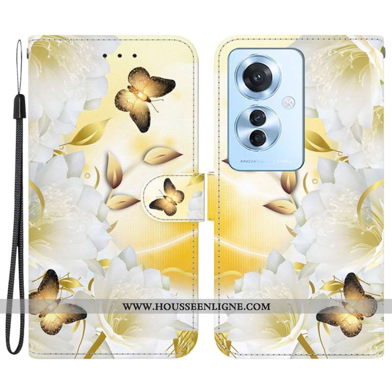 Housse Oppo Reno 11F 5G Papillons Dorés et Fleurs Blanches