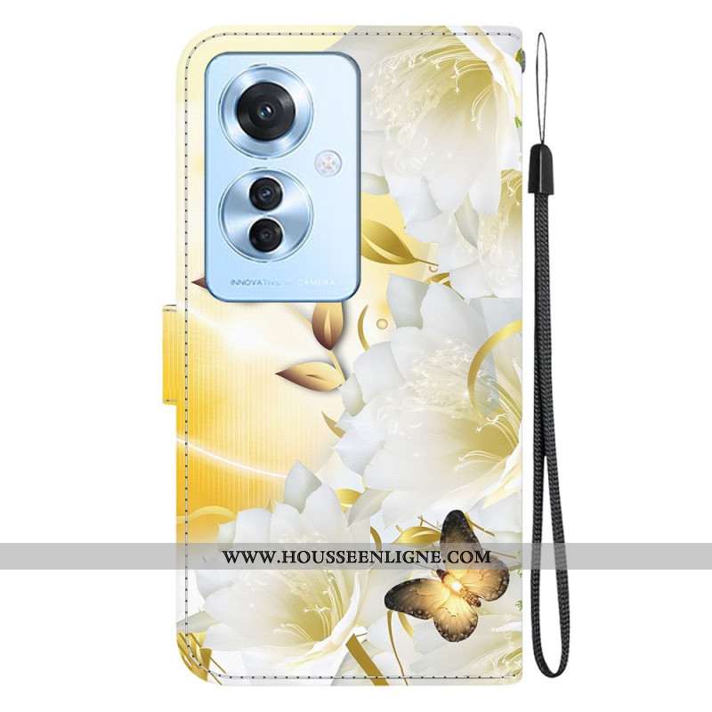 Housse Oppo Reno 11F 5G Papillons Dorés et Fleurs Blanches