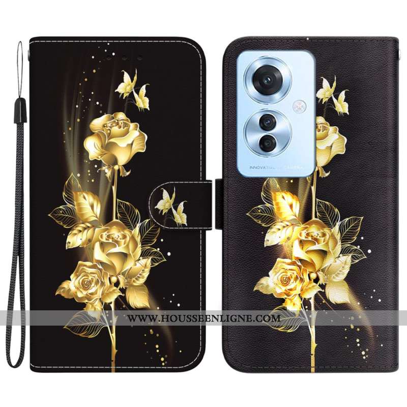 Housse Oppo Reno 11F 5G Papillons et Roses Dorés à Lanière