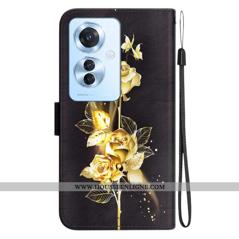 Housse Oppo Reno 11F 5G Papillons et Roses Dorés à Lanière