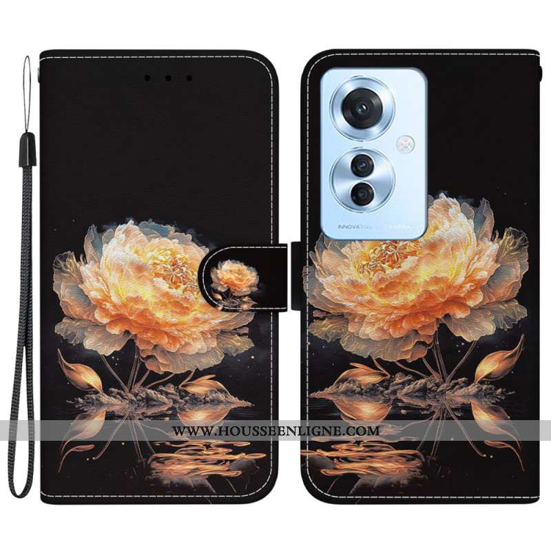 Housse Oppo Reno 11F 5G Pivoine Dorée à Lanière