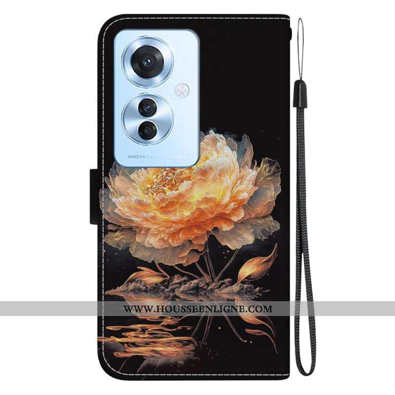 Housse Oppo Reno 11F 5G Pivoine Dorée à Lanière