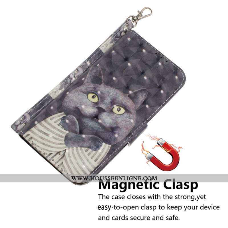 Housse Oppo Reno 12 5G Chat Gris à Lanière