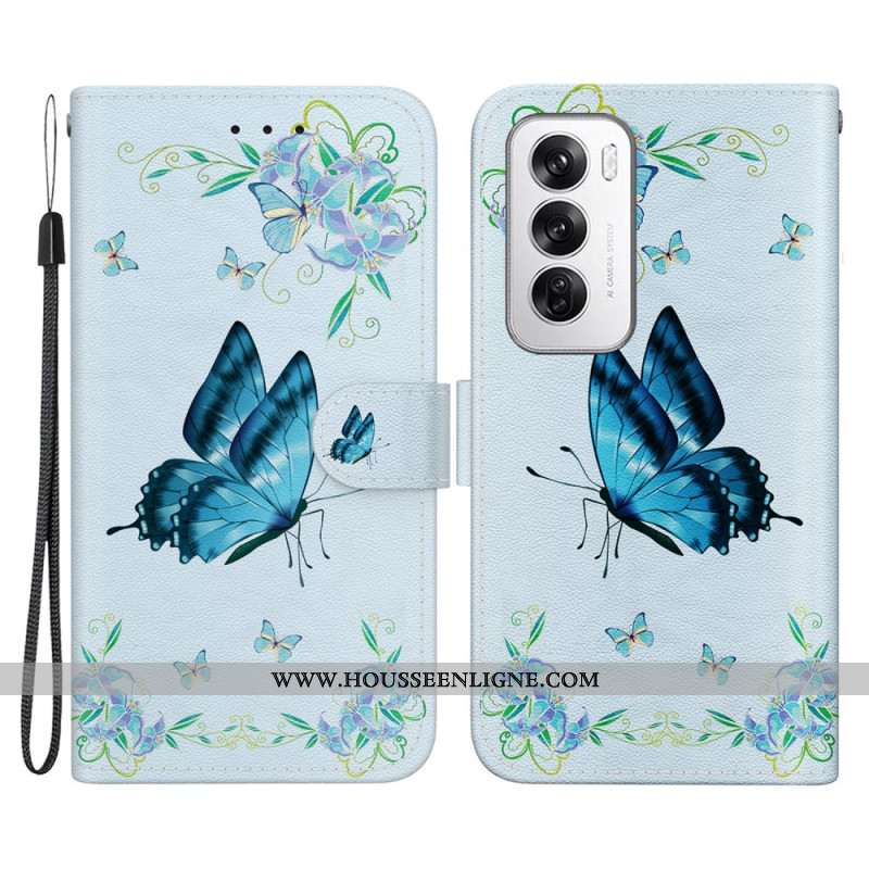 Housse Oppo Reno 12 5G Papillons Bleus et Fleurs à Lanière