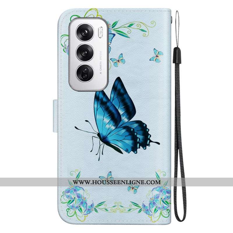 Housse Oppo Reno 12 5G Papillons Bleus et Fleurs à Lanière