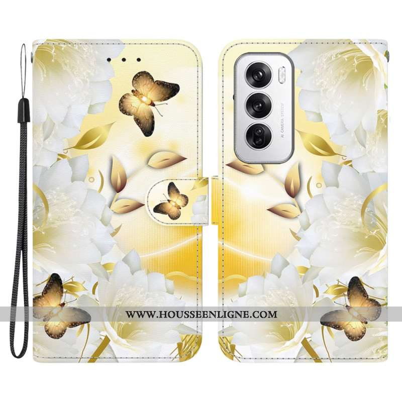 Housse Oppo Reno 12 5G Papillons Dorés et Fleurs à Lanière