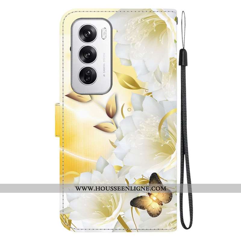 Housse Oppo Reno 12 5G Papillons Dorés et Fleurs à Lanière