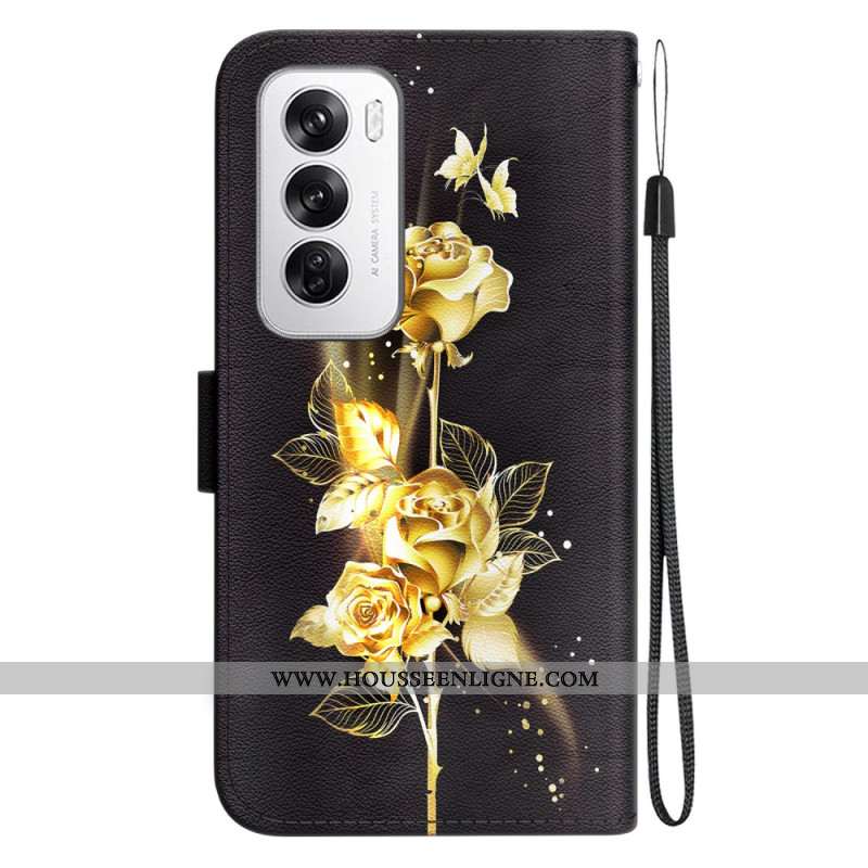 Housse Oppo Reno 12 5G Papillons Dorés et Roses à Lanière