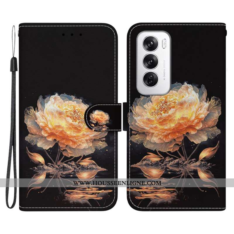 Housse Oppo Reno 12 5G Pivoine Dorée à Lanière