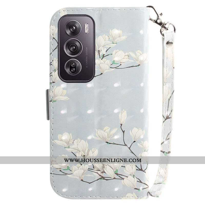 Housse Oppo Reno 12 Pro 5G Magnolias à Lanière