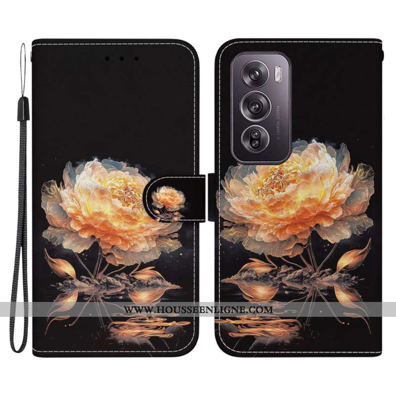 Housse Oppo Reno 12 Pro 5G Pivoine Dorée à Lanière