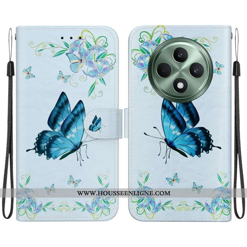 Housse Oppo Reno 12F 5G Papillon Bleu et Fleurs à Lanière