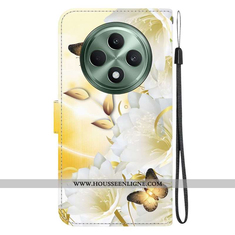 Housse Oppo Reno 12F 5G Papillons Dorés et Fleurs à Lanière