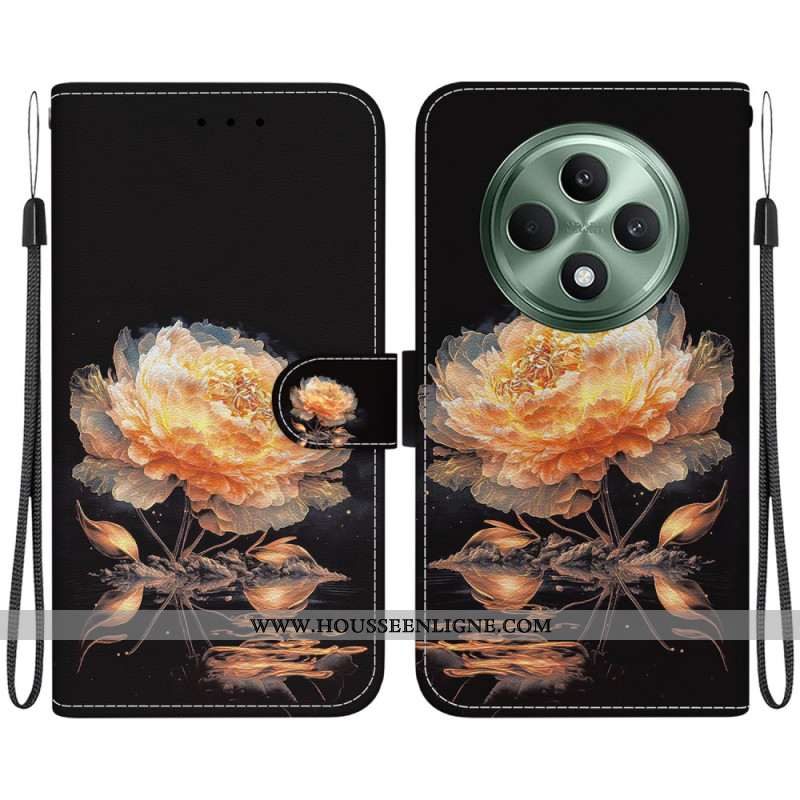 Housse Oppo Reno 12F 5G Pivoine Dorée à Lanière