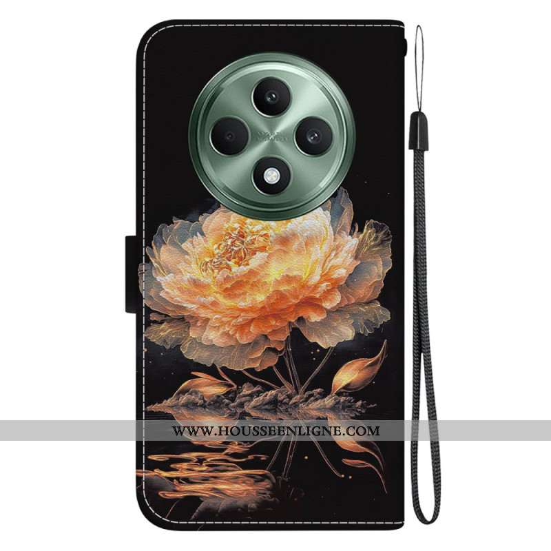 Housse Oppo Reno 12F 5G Pivoine Dorée à Lanière