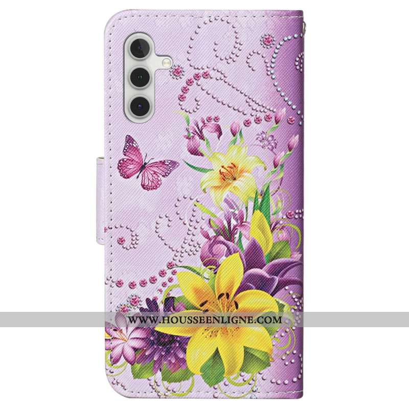 Housse Samsung Galaxy A15 5G Fleurs Jaunes et Papillons à Lanière