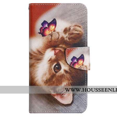 Housse Samsung Galaxy A15 5G Impression Papillon et Chat à Lanière