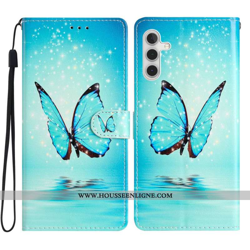 Housse Samsung Galaxy A15 5G Papillon Bleu à Lanière