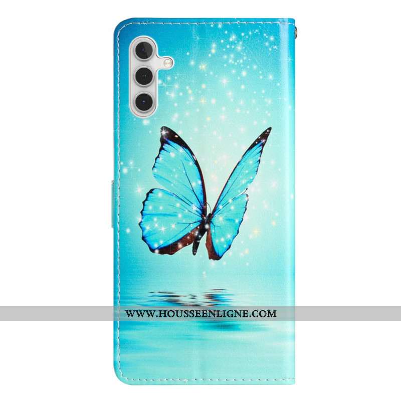 Housse Samsung Galaxy A15 5G Papillon Bleu à Lanière