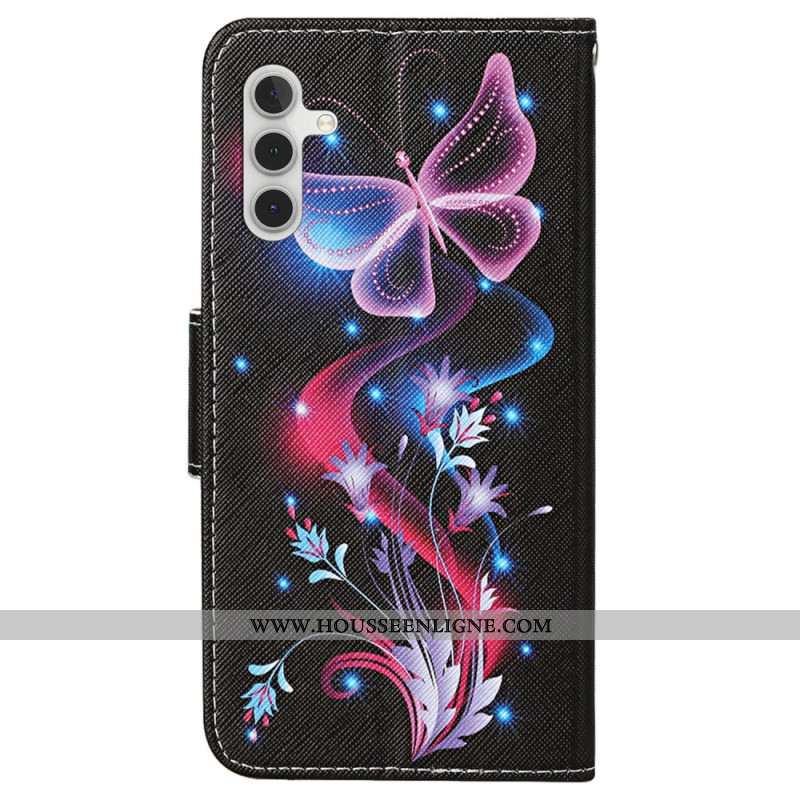 Housse Samsung Galaxy A15 5G Papillons Fluorescents à Lanière