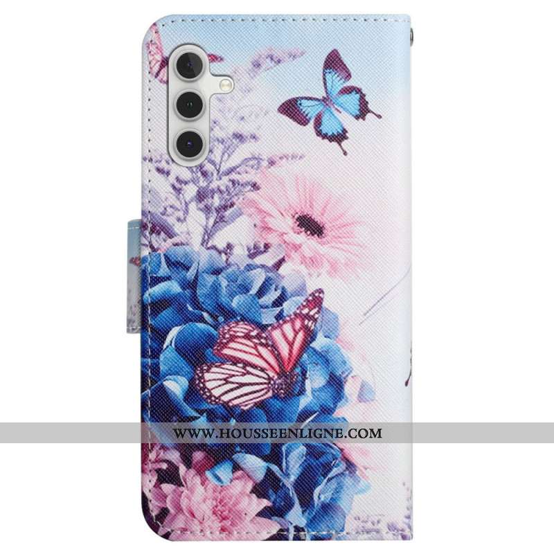 Housse Samsung Galaxy A15 5G Papillons Violets et Lanière