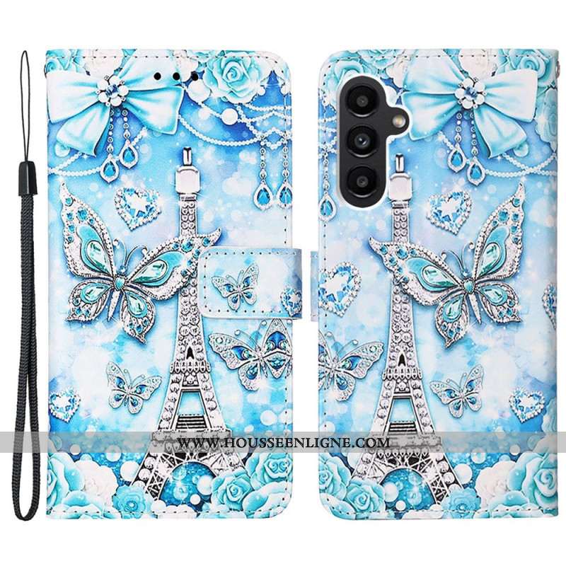 Housse Samsung Galaxy A15 Tour Eiffel et Papillons à Lanière