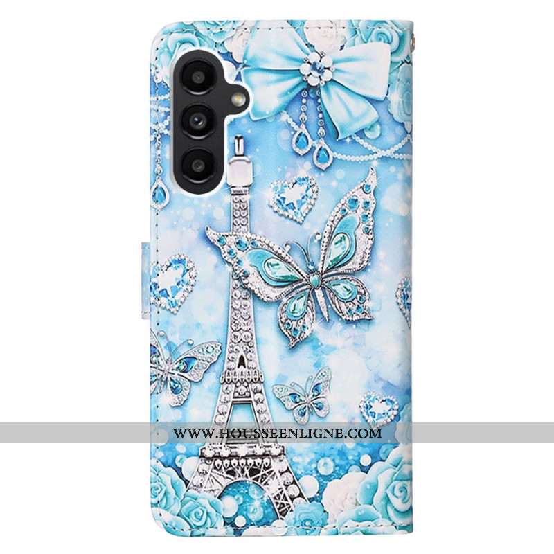 Housse Samsung Galaxy A15 Tour Eiffel et Papillons à Lanière