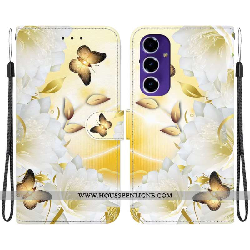 Housse Samsung Galaxy A16 4G / 5G Papillon Doré et Fleurs Blanches