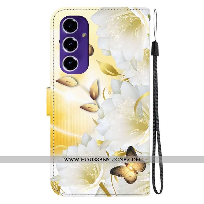 Housse Samsung Galaxy A16 4G / 5G Papillon Doré et Fleurs Blanches