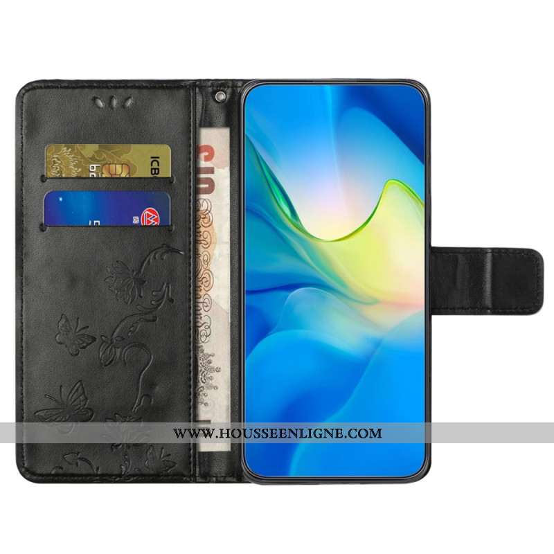 Housse Samsung Galaxy A55 5G Design Papillons et Fleurs avec Lanière