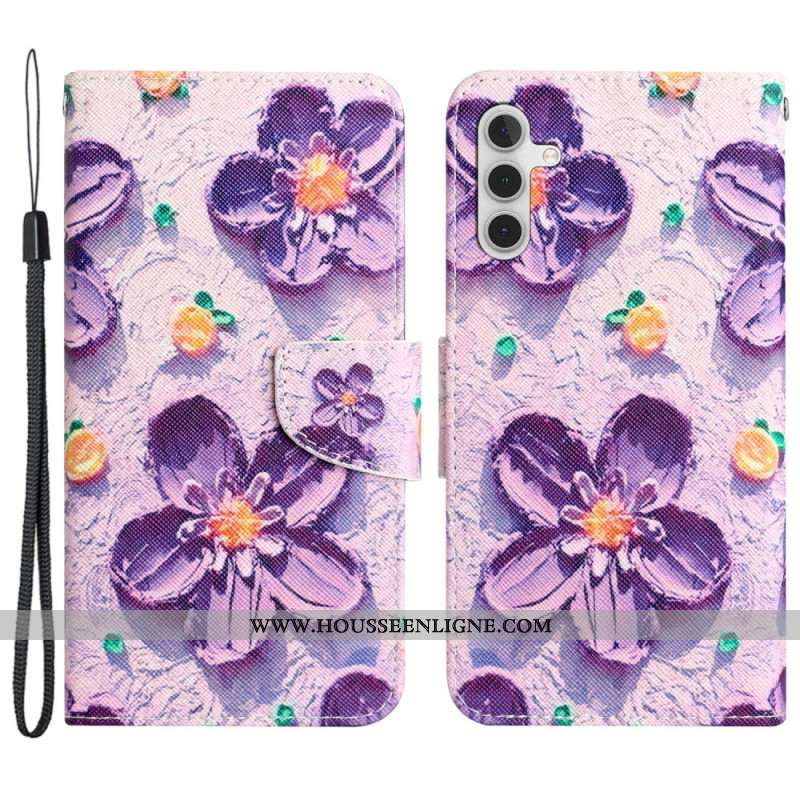 Housse Samsung Galaxy A55 5G Fleurs Pourpres à Lanière